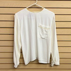 Vintage 80s White and Gold Trim Long Sleeve Blouse